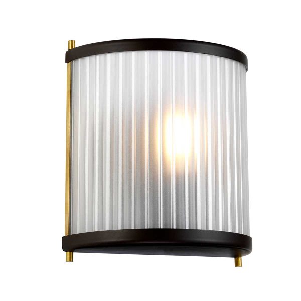 Corona single light frosted glass wall light in museum bronze on white background, lit.