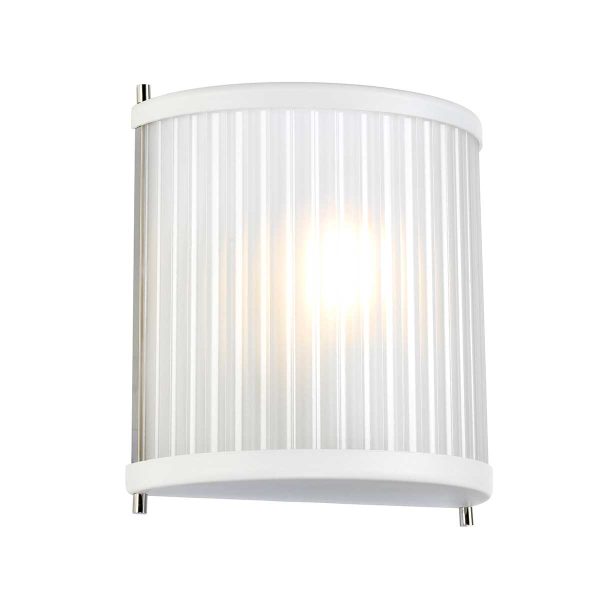 Corona single light frosted glass wall light in white satin on white background, lit.