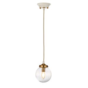 Elstead Cosmos single light pendant in cream and aged brass, full height on white background, lit.