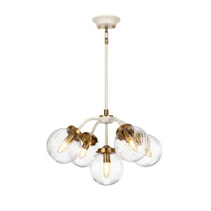 Elstead Cosmos 5 light pendant in cream and aged brass, full height on white background, lit.