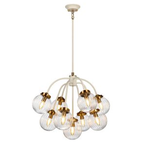 Elstead Cosmos 9 light pendant in cream and aged brass, shown full height on white background, lit.