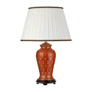 Elstead Datai terracotta and gold ceramic table lamp on white background.