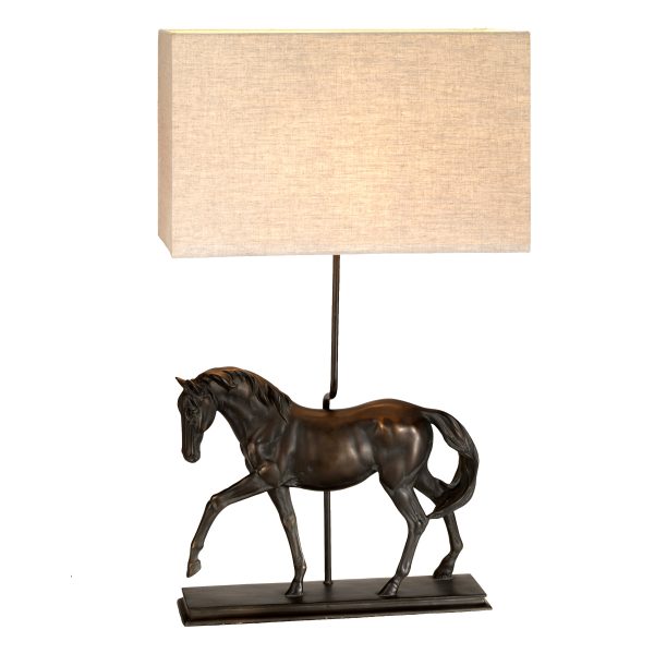 Elstead Dorado 1 light bronze horse table lamp with hessian shade, shown lit on white background.