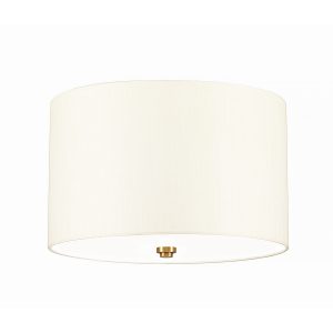 Elstead Fletcher 14″ flush 3 light ivory drum ceiling light with brass detail on white background.