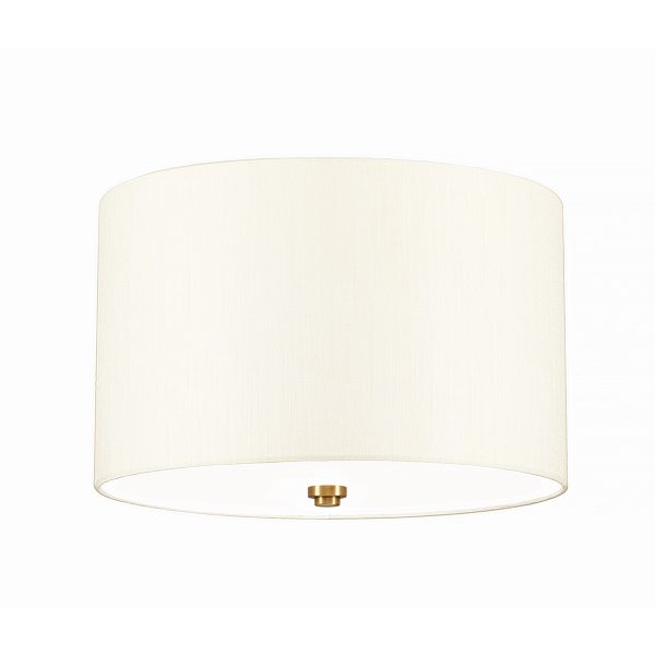 Elstead Fletcher 14″ flush 3 light ivory drum ceiling light with brass detail on white background.