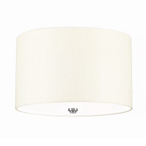 Elstead Fletcher 14″ flush 3 light ivory drum ceiling light with chrome detail on white background.