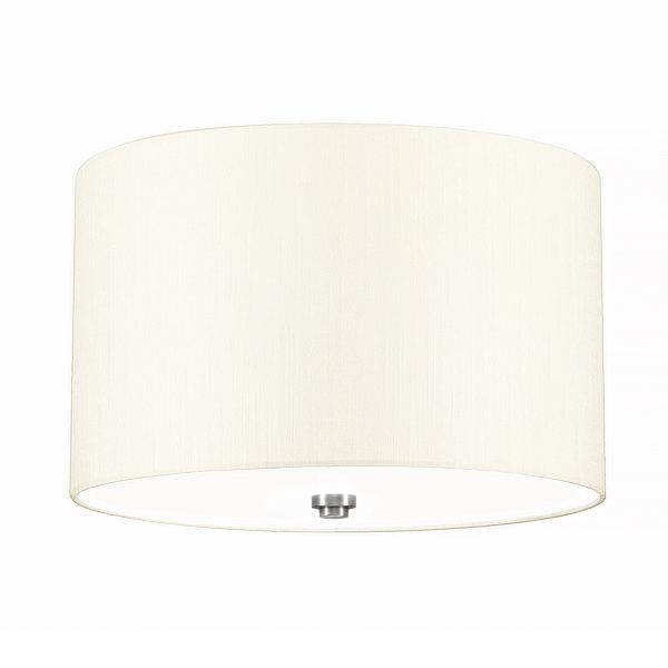 Elstead Fletcher 14″ flush 3 light ivory drum ceiling light with chrome detail on white background.