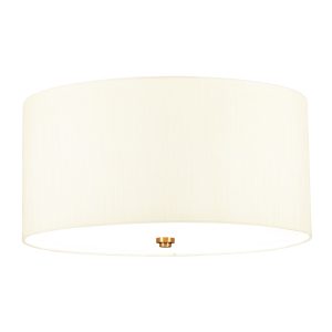 Elstead Fletcher 18″ flush 3 light ivory drum ceiling light with brass detail on white background.