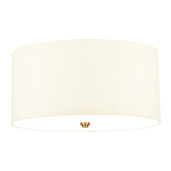 Elstead Fletcher 18″ flush 3 light ivory drum ceiling light with brass detail on white background.