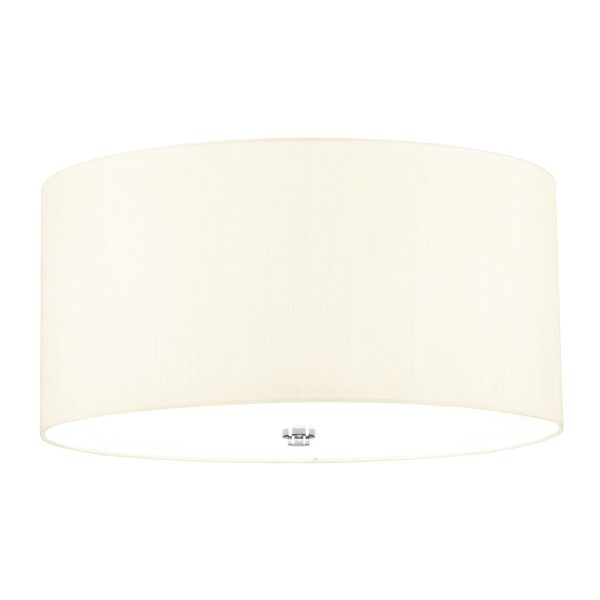 Elstead Fletcher 18″ flush 3 light ivory drum ceiling light with chrome detail on white background.