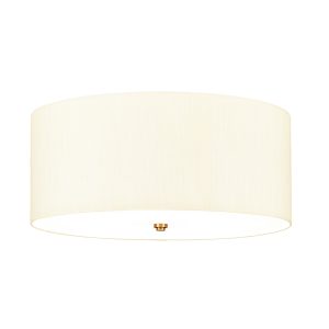 Elstead Fletcher 22″ flush 5 light ivory drum ceiling light with brass detail on white background.