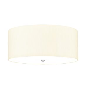 Elstead Fletcher 22″ flush 5 light ivory drum ceiling light with chrome detail on white background.