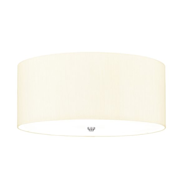 Elstead Fletcher 22″ flush 5 light ivory drum ceiling light with chrome detail on white background.