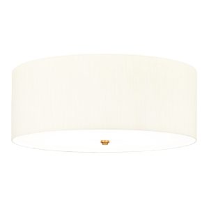 Elstead Fletcher 26″ flush 5 light ivory drum ceiling light with brass detail on white background.