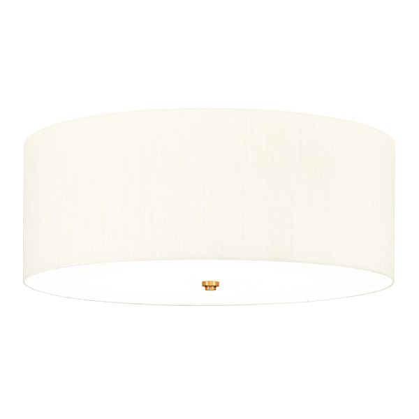 Elstead Fletcher 26″ flush 5 light ivory drum ceiling light with brass detail on white background.