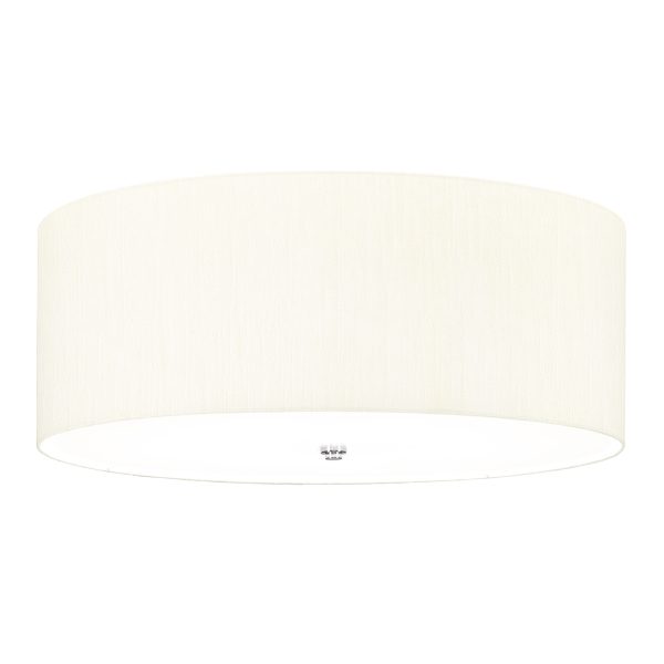 Elstead Fletcher 26″ flush 5 light ivory drum ceiling light with chrome detail on white background.