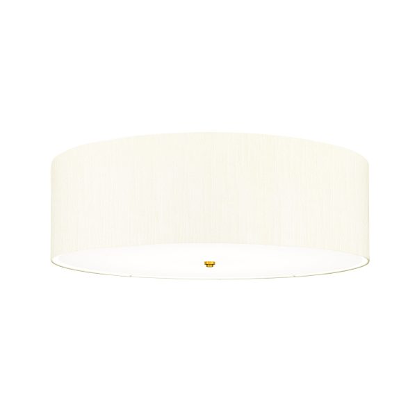 Elstead Fletcher 30″ flush 7 light ivory drum ceiling light with brass detail on white background.