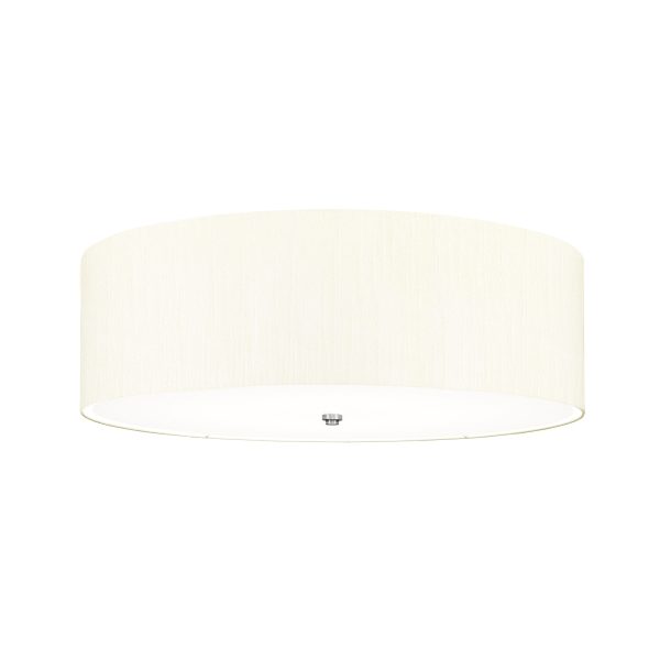 Elstead Fletcher 30″ flush 7 light ivory drum ceiling light with chrome detail on white background.