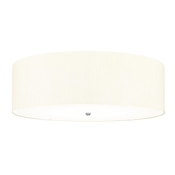 Fletcher 7 light 34" flush ivory drum ceiling light with chrome detail on white background.