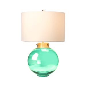 Elstead Kara green glass table lamp with aged brass finish metalwork and origami shade, shown on white background, lit.