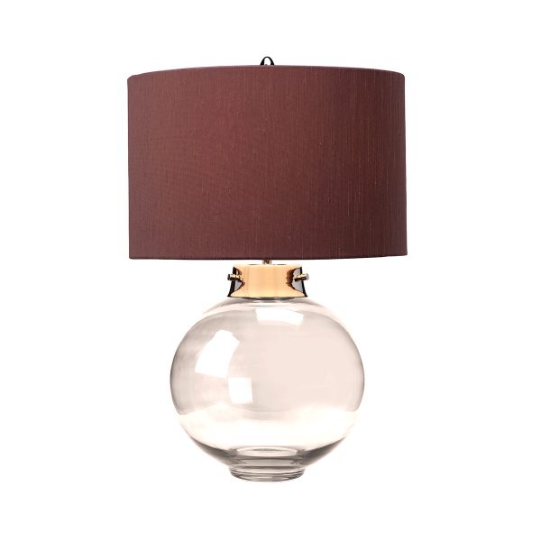 Elstead Kara smoked glass table lamp with polished nickel metalwork and larkspur shade on white background, lit.