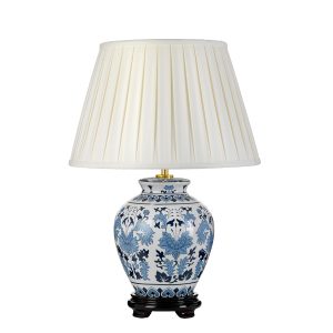 Elstead Linyi blue and white ceramic table lamp with ivory shade on white background.