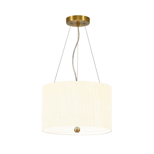 Elstead Pearce 14″ 3 light ivory drum pendant with brass metalwork on white background.