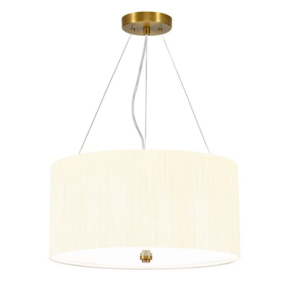 Elstead Pearce 3 light 18″ ivory drum pendant with brass metalwork on white background.