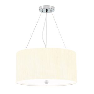 Elstead Pearce 18″ 3 light ivory drum pendant with chrome metalwork on white background.