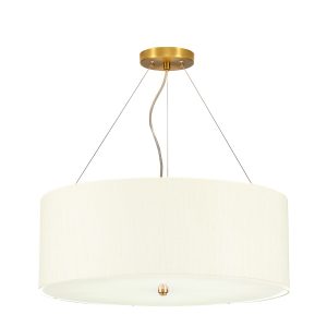 Elstead Pearce 5 light 22″ ivory drum pendant with brass metalwork on white background.