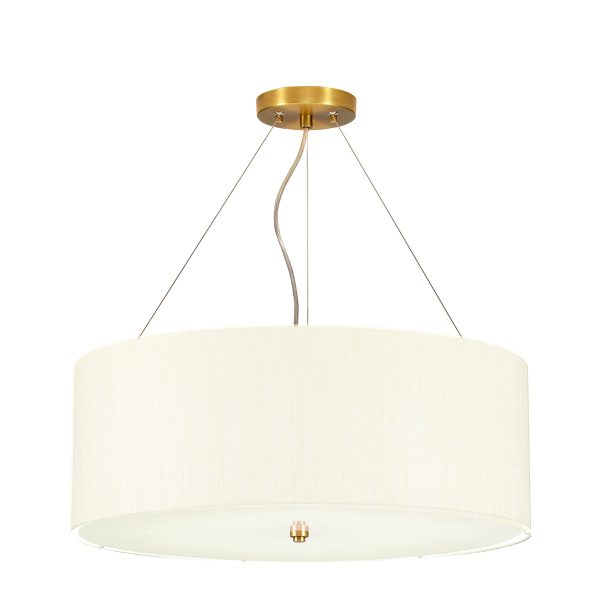 Elstead Pearce 5 light 22″ ivory drum pendant with brass metalwork on white background.