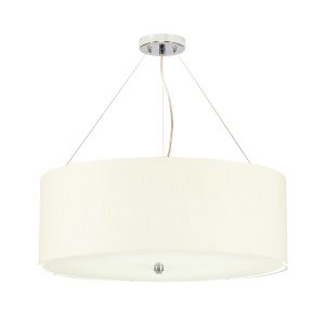 Elstead Pearce 22″ 5 light ivory drum pendant with chrome metalwork on white background.