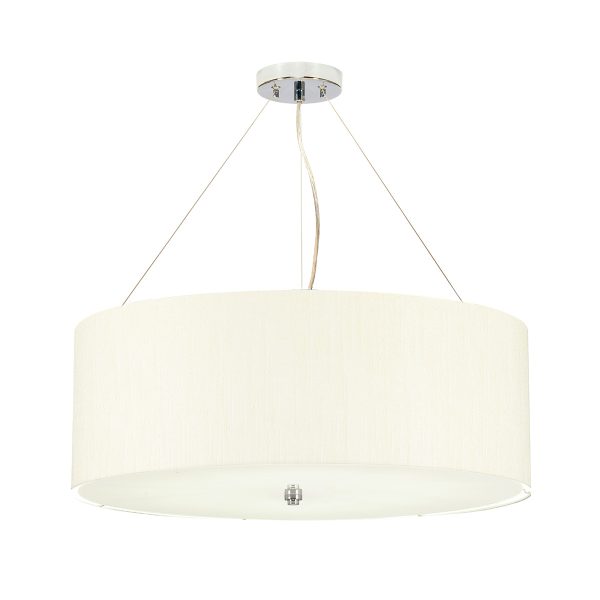 Elstead Pearce 22″ 5 light ivory drum pendant with chrome metalwork on white background.