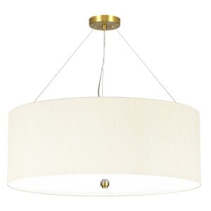 Elstead Pearce 5 light 26″ ivory drum pendant with brass metalwork on white background.