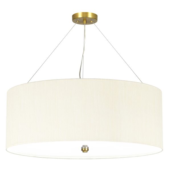 Elstead Pearce 5 light 26″ ivory drum pendant with brass metalwork on white background.