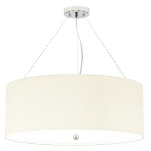 Elstead Pearce 26″ 5 light ivory drum pendant with chrome metalwork on white background.