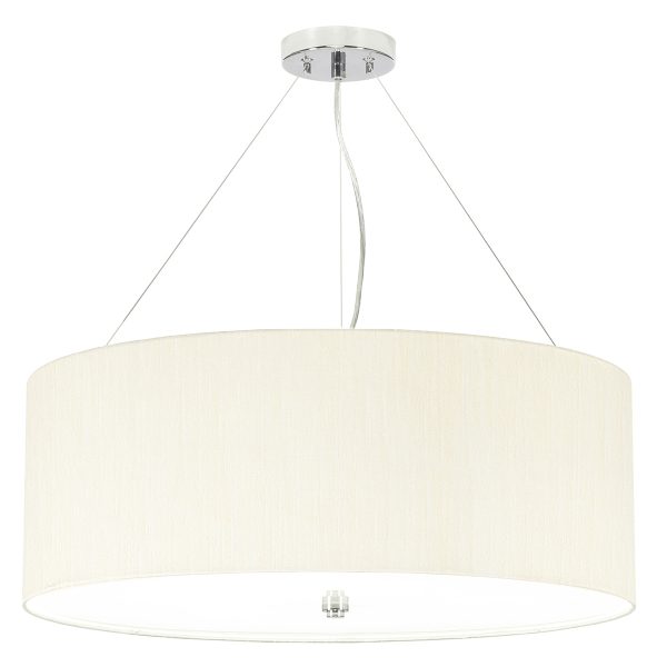 Elstead Pearce 26″ 5 light ivory drum pendant with chrome metalwork on white background.