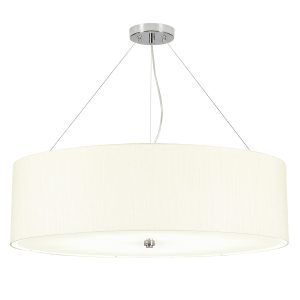 Elstead Pearce 30″ 7 light ivory drum pendant with chrome metalwork on white background.