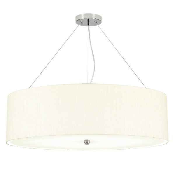 Elstead Pearce 30″ 7 light ivory drum pendant with chrome metalwork on white background.