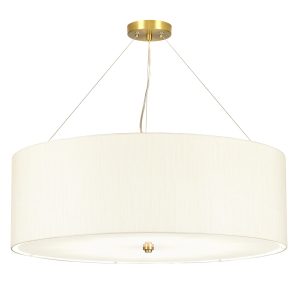 Elstead Pearce 7 light 34″ ivory drum pendant with brass metalwork on white background.