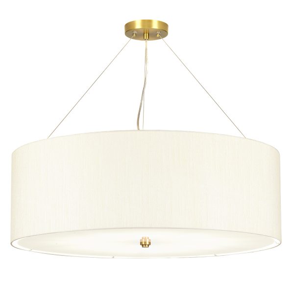 Elstead Pearce 7 light 34″ ivory drum pendant with brass metalwork on white background.