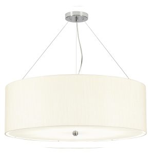 Elstead Pearce 34″ 7 light ivory drum pendant with chrome metalwork on white background.