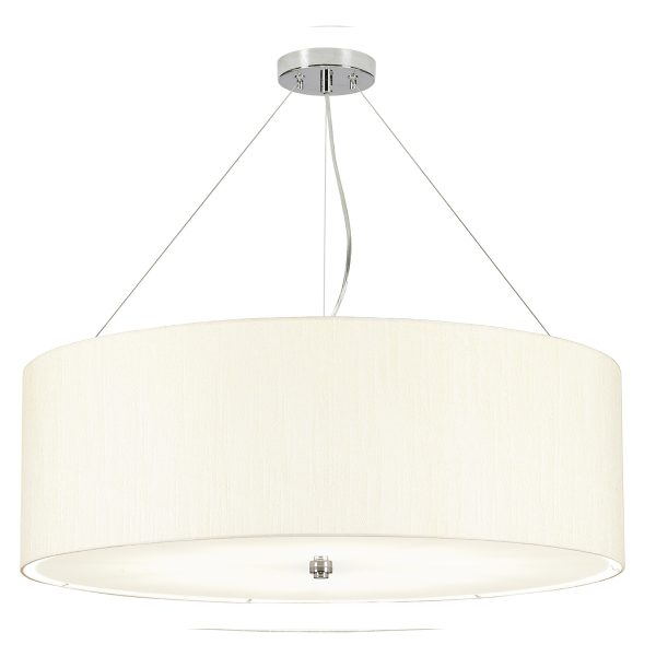 Elstead Pearce 34″ 7 light ivory drum pendant with chrome metalwork on white background.