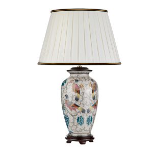 Elstead Ping cream with vibrant birds ceramic table lamp and ivory shade on white background