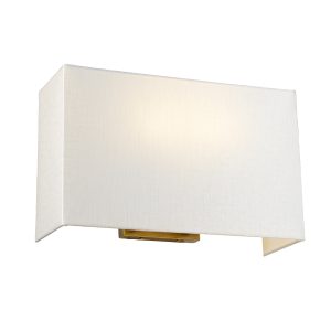 Elstead Riley 2 light large aged brass wall light with rectangular ivory shade on white background, lit.