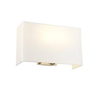 Elstead Riley 2 light large rectangular ivory shade wall light with polished chrome wall bracket on white background, lit.