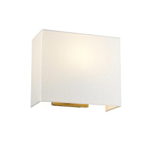 Elstead Riley 1 light medium aged brass wall light with rectangular ivory shade on white background, lit.