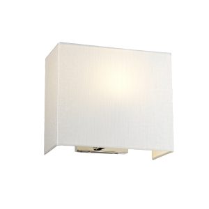 Elstead Riley 1 light medium rectangular ivory shade wall light with polished chrome wall bracket on white background, lit.