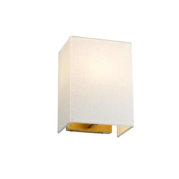 Elstead Riley 1 light small aged brass wall light with rectangular ivory shade on white background, lit.