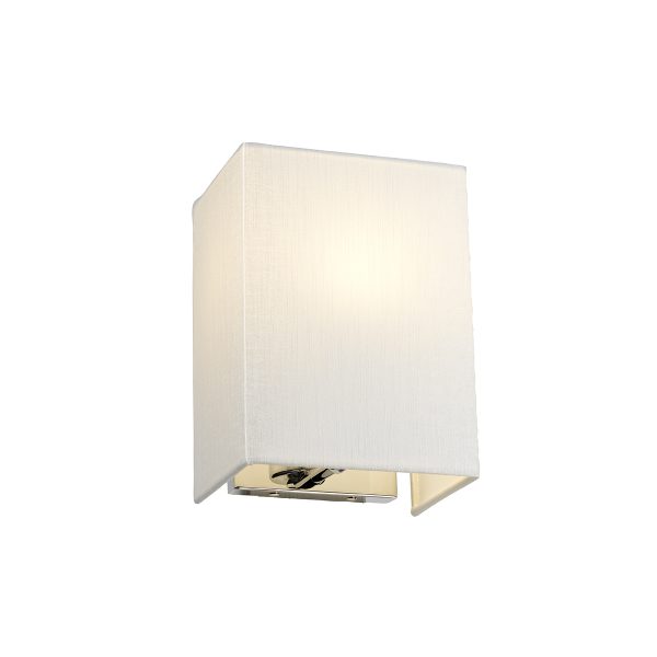 Elstead Riley 1 light small rectangular ivory shade wall light with polished chrome wall bracket on white background, lit.